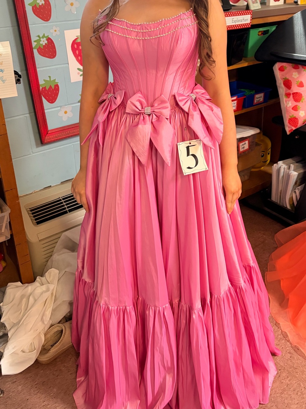 Pink Strapless Ball Gown Dress with Bow Accents